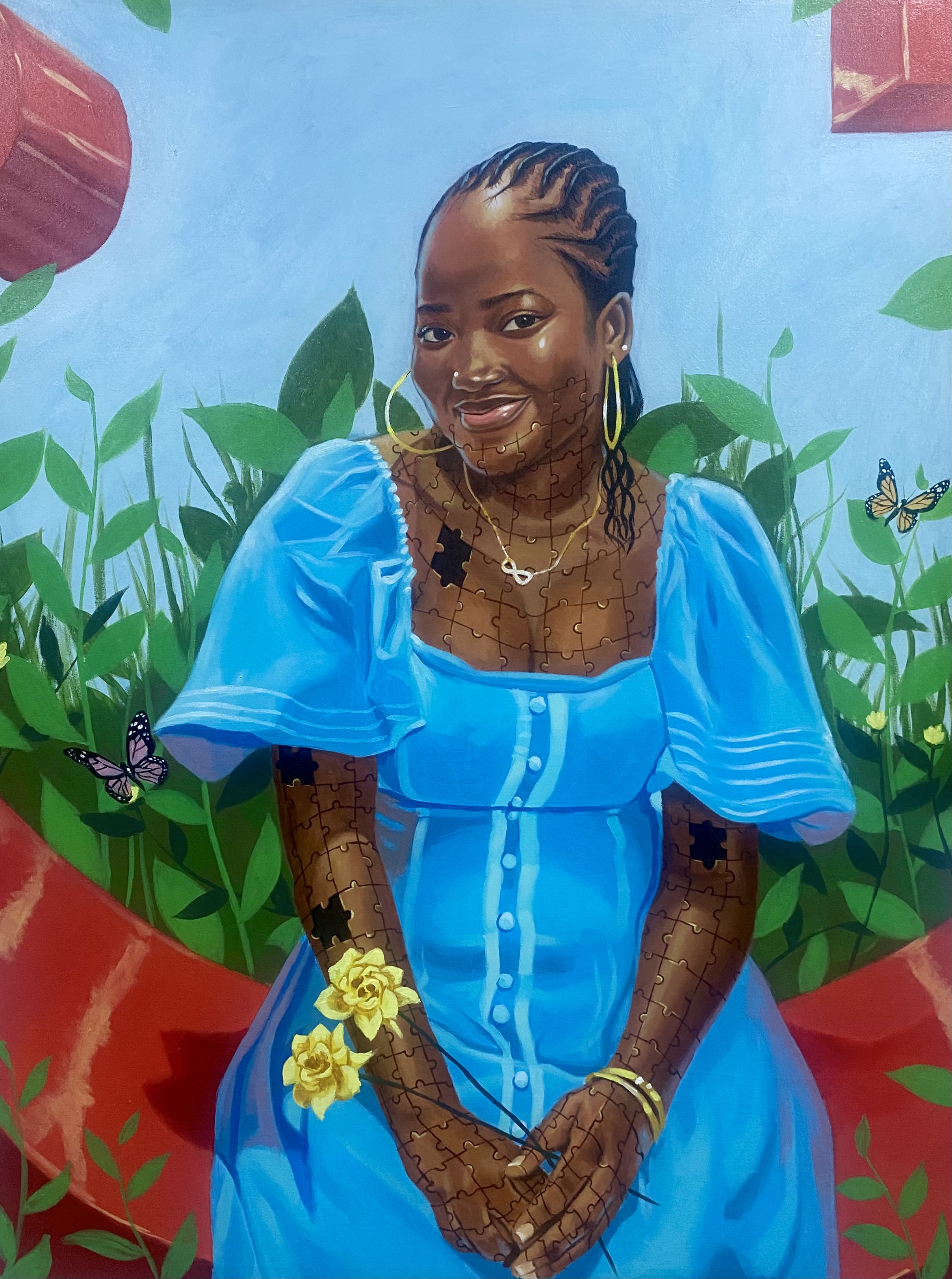  lady with a yellow flower